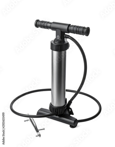 A metal hand pump with a T-shaped handle and base