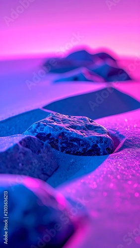 Vibrant purple rocks on sandy beach.