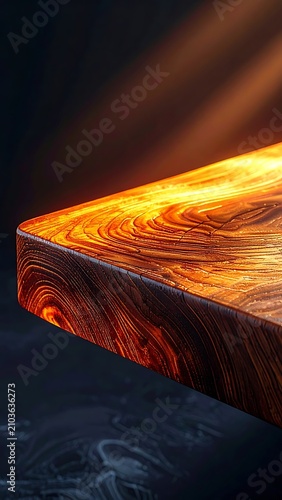 Wooden table with warm lighting effects.