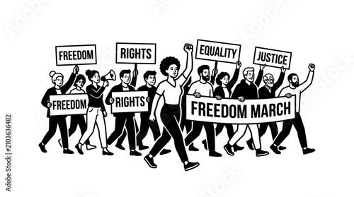 Diverse Group of People Participating in a Freedom March Protest.
