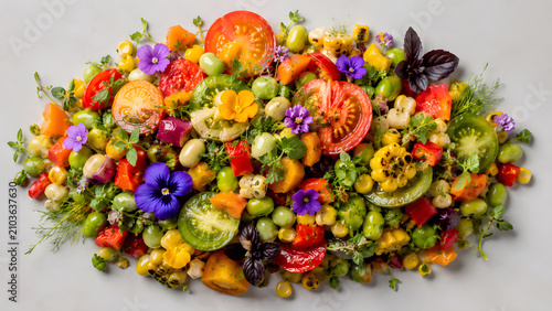 Colorful Succotash Arrangement Highlights Premium Farm Vegetables With Artistic Fine Dining Visual Appeal Composition