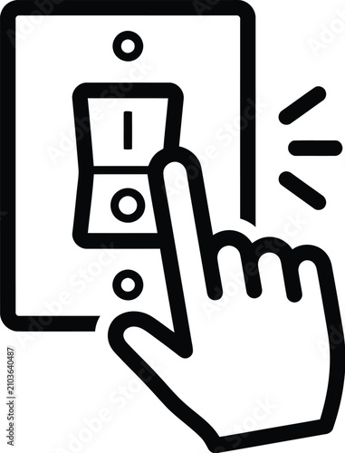 Hand pressing a simple black and white wall light switch icon in a flat style