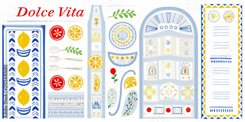 italian lifestyle illustrations with colorful patterns and lemons citrus fruit forks spoons plates windows doors vector art graphic design flat
