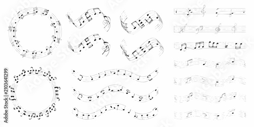 Schilderij op canvas musical notes on staffs in black and white line art music notation clef quavers