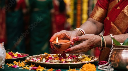 Elderly Indian woman holding a lit diya oil lamp during a traditional prayer ritual, close up of hands with henna, cultural ceremony, spiritual worship, religious celebration