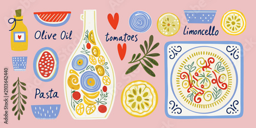 Tableau sur toile whimsical italian food and ingredients illustration on pink background olive oil