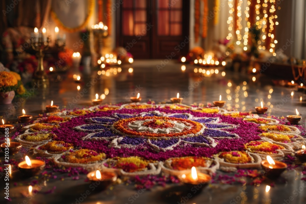 Fototapeta premium Breathtaking scene of Diwali celebration with colorful rangoli and traditional lamps in a decorated space during the festival of lights at night