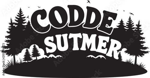 Vintage Codde Sutmer logo vector, retro outdoor adventure emblem with pine forest silhouette, black and white wilderness landscape graphic