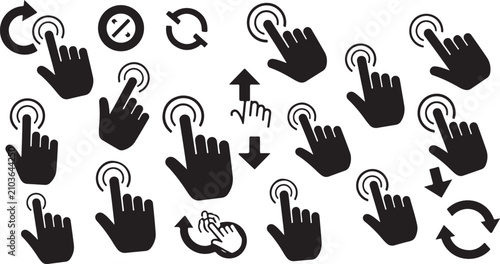 Touchscreen gesture icons set, black hand cursor silhouettes for mobile apps, interactive finger tap and swipe vector symbols for UI design