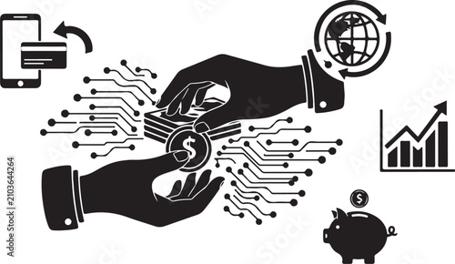 Digital finance and global money transfer vector, hands exchanging cash with circuit board patterns, mobile banking and investment icons