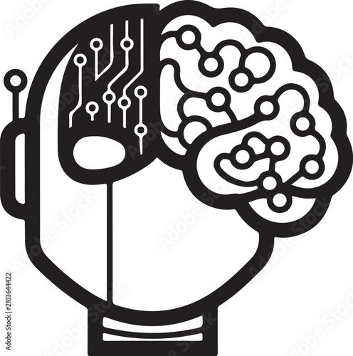 Artificial intelligence robot head icon, digital brain with circuit board and neural network lines, black and white vector illustration for tech