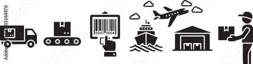 Logistics and supply chain icon set, black silhouette shipping and delivery symbols, global transportation and warehouse vector elements