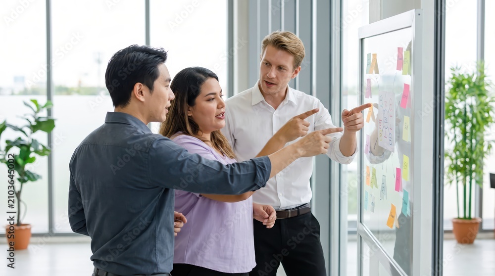 Obraz premium Generative AI, Diverse team brainstorming with sticky notes on a glass board