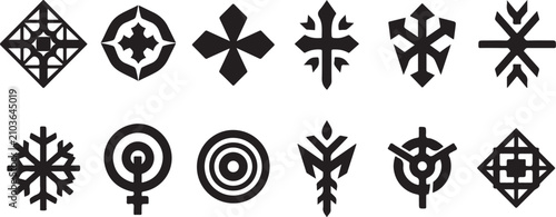 Minimalist geometric icons set, 12 black abstract symbols and emblems, modern vector shapes for logo design and branding identity