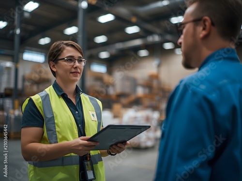 Man in safety vest holding digital tablet in warehouse