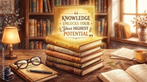Stack of classic books with inspiring quote on knowledge, desk with lamp, glasses, and coffee cup