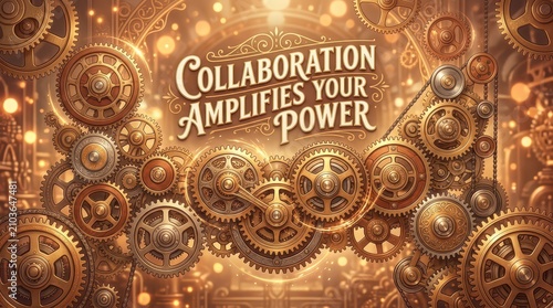 Steampunk gears interlocking, symbolizing collaboration and amplified power in a vintage, ornate setting with glowing lights