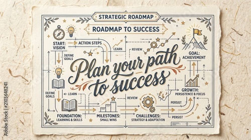Strategic roadmap to success, business planning and goal achievement infographic with detailed steps and charts