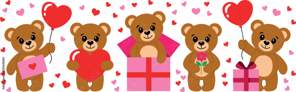 Fototapeta premium Cute valentine teddy bear collection with heart balloons love letters gifts and flowers vector illustration set on white background