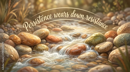 Symbolic image of water flowing over rocks, representing persistence and overcoming obstacles with a motivational quote