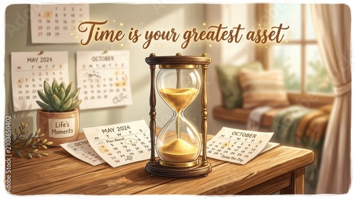 Time is your greatest asset concept: Hourglass, calendars, and potted plant on a wooden desk, symbolizing time management and value