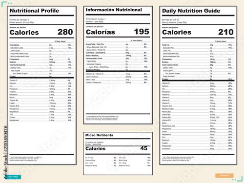 Set of four nutritional information labels with calorie and nutrient data