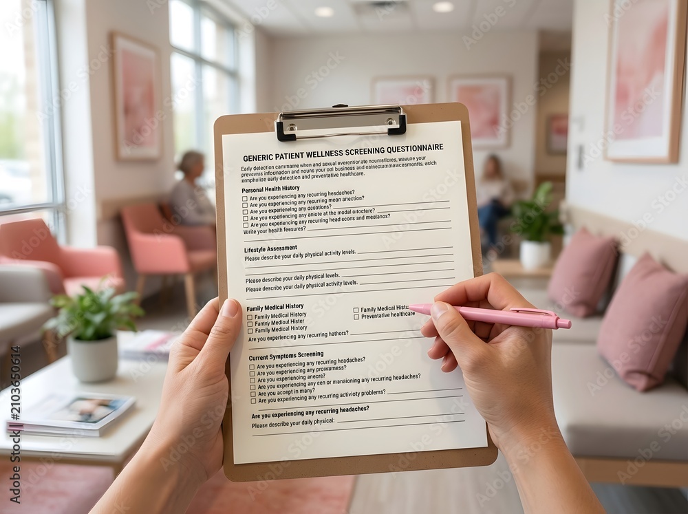 Obraz premium Patient filling out a wellness screening questionnaire on a clipboard in a medical office waiting room.