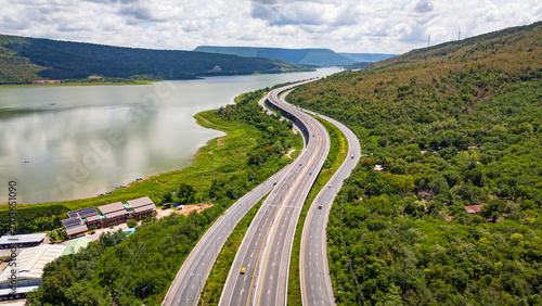 Bild auf Leinwand Drone shot The M6 motorway Nakhon Ratchasima Province - Bang Pa-in Lam Ta Khong River and Mountain