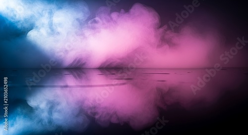 Vibrant Pink and Blue Smoke Reflected on a Dark Surface.