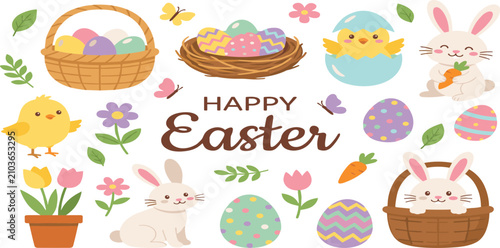 Fotografía Happy Easter vector illustration set with cute bunnies chicks basket nest painted eggs flowers and cartoon spring holiday elements