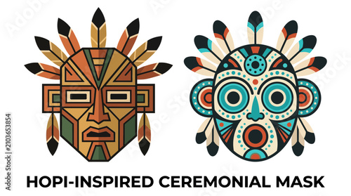 Hopi inspired ceremonial mask, Two Stylized Tribal Masks with Ornate Geometric Patterns and Feather Headdresses