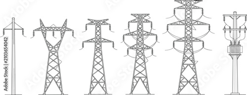 High Voltage Power Transmission Towers Utility Poles and Electrical Distribution Infrastructure Technical Line Drawing Set