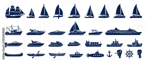 Diverse Collection of Nautical Vessels and Watercraft Icons