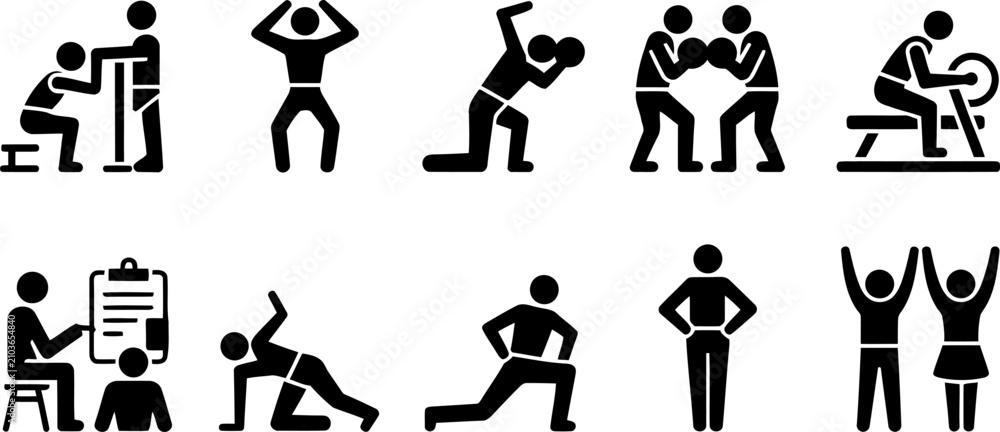 Obraz premium Collection of black and white pictograms representing various fitness and exercise activities