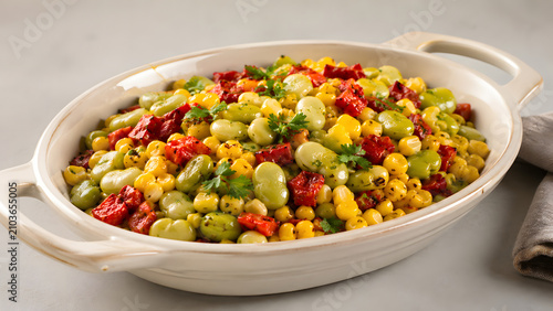 Warm Succotash Side Dish Brings Classic American Harvest Flavors Into Refined Contemporary Serving Presentation Style