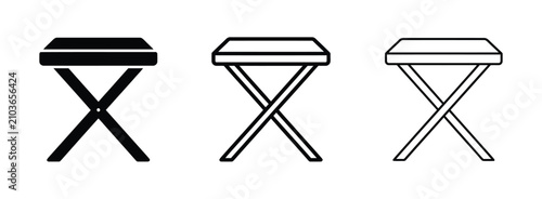 Set of three folding stool icons in solid and line art styles for furniture and home design