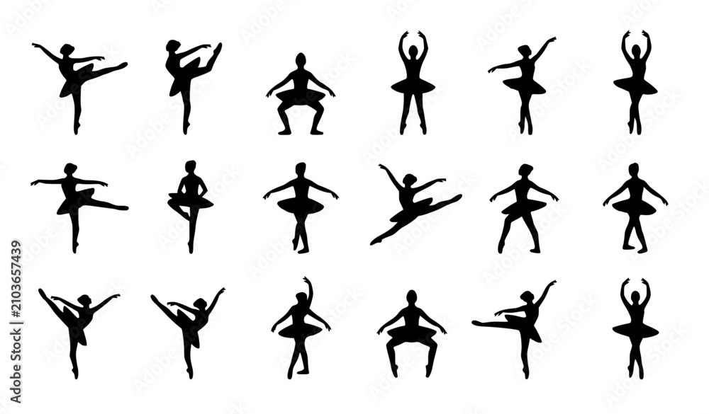 Fototapeta premium Elegant ballerina silhouette collection with graceful ballet dance poses isolated on white vector set
