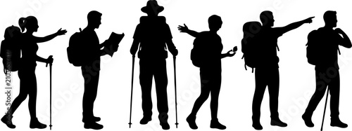 Silhouettes of hikers with backpacks and trekking poles vector illustration