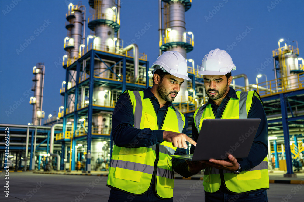 Fototapeta premium Two engineers wear hard hats and safety vests. They look at laptop screen with refinery plant at night. People work together, discuss project.