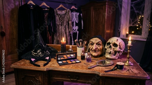 Halloween Costume Preparation Table with Spooky Witch Mask and Skull