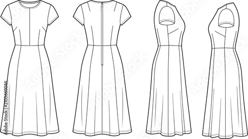 Fotografie Sleeveless A line midi dress fashion technical flat sketch template front back a