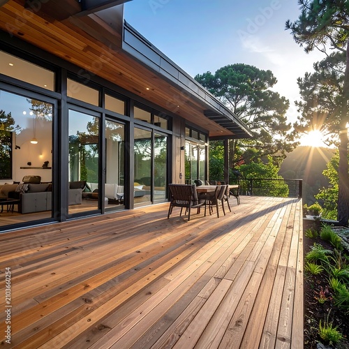A modern house with large glass windows and wooden deck furniture