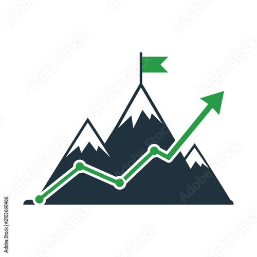 Mountain peak with growth chart and upward arrow illustration