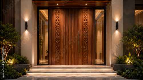 Luxury Contemporary Vertical Panel Teak Wood Entrance Door with Decorative Carved Side Panels on Modern House Exterior