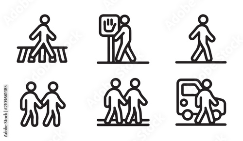 Pedestrian safety line icons set showing people walking on crosswalks and near cars with stopping signals.