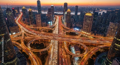 Aerial View of Urban Highway Interchange at Dusk.