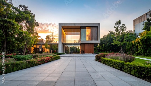 A modern house with large windows and a well-manicured garden pathway