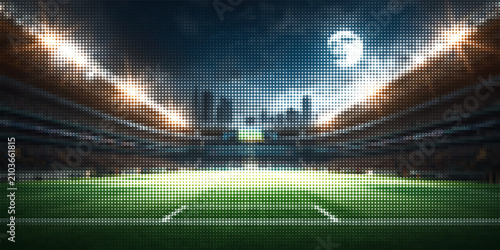 Quadro su tela Wide angle of soccer stadium with shining floodlights illuminates bright green field, e, stands filled with fans waiting start of football game