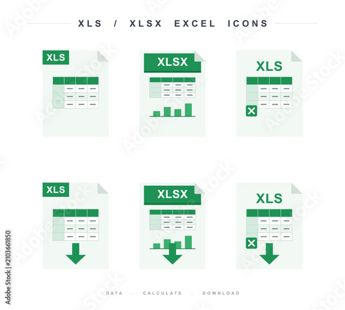 Bild auf Leinwand Set of excel file icons with data, calculation, and download symbols