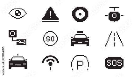 Road assistance and travel navigation pixel perfect icon set. 8 bit retro video game style pictogram collection.